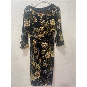 Connected Apparel Women's Dress Faux Wrap Yellow Black Floral Prints Size 6